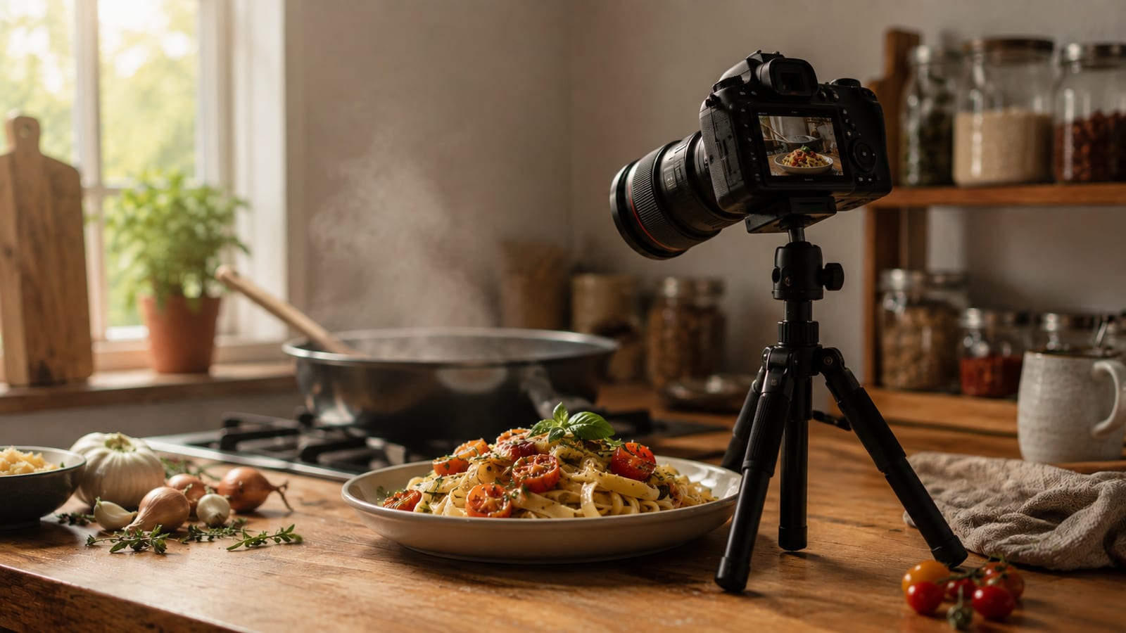 A plated pasta dish on a wooden kitchen counter being filmed by a camera on a tripod, a pot steaming on the stove behind it and jars of spices on a shelf in the background