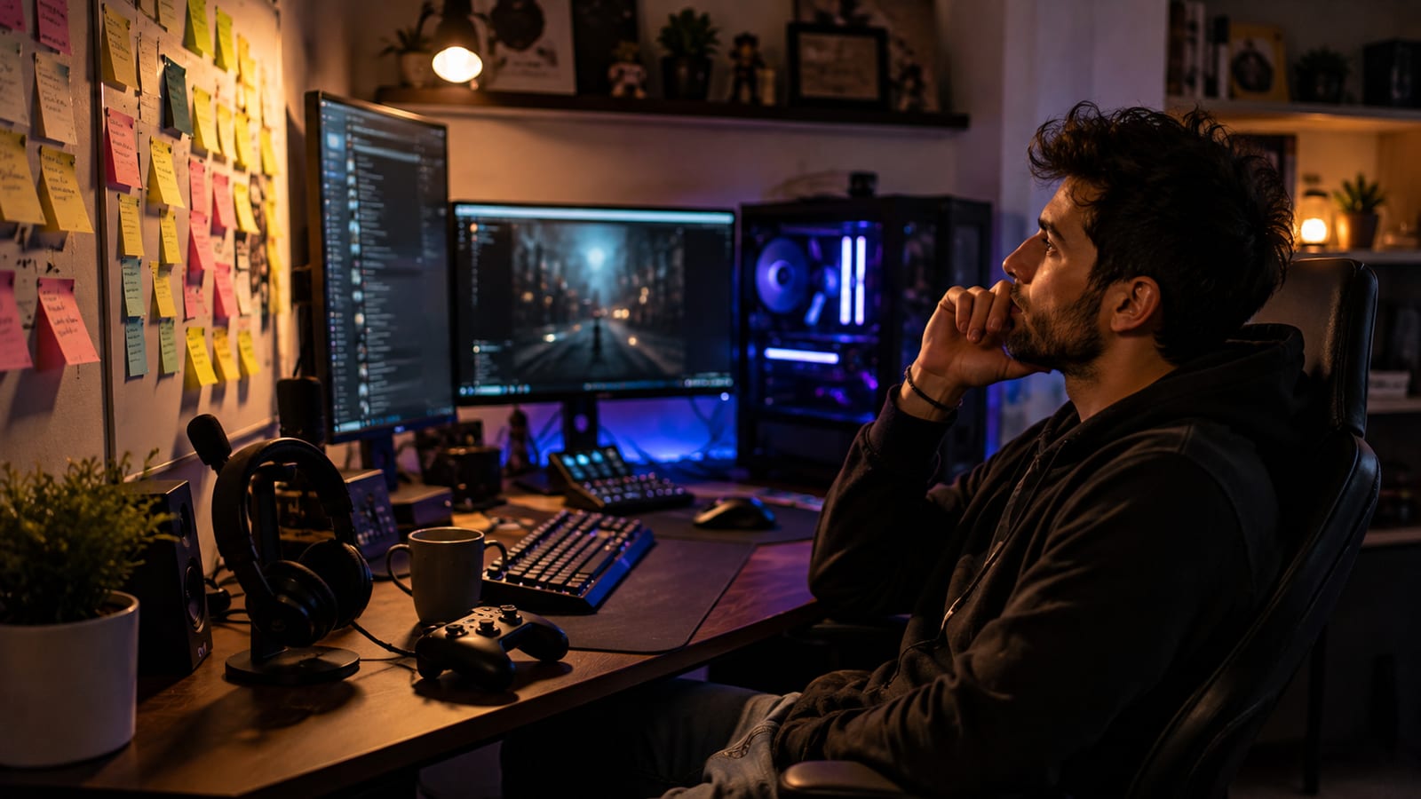 A gaming creator sitting back from a desk mid-thought, looking at a wall covered in coloured sticky notes beside a dual-monitor setup, headset and controller on the desk