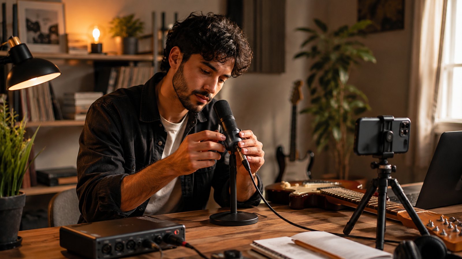 A musician creator at a small home studio desk warmly lit, adjusting a microphone with an instrument and audio interface visible, a phone mounted on a small tripod for filming