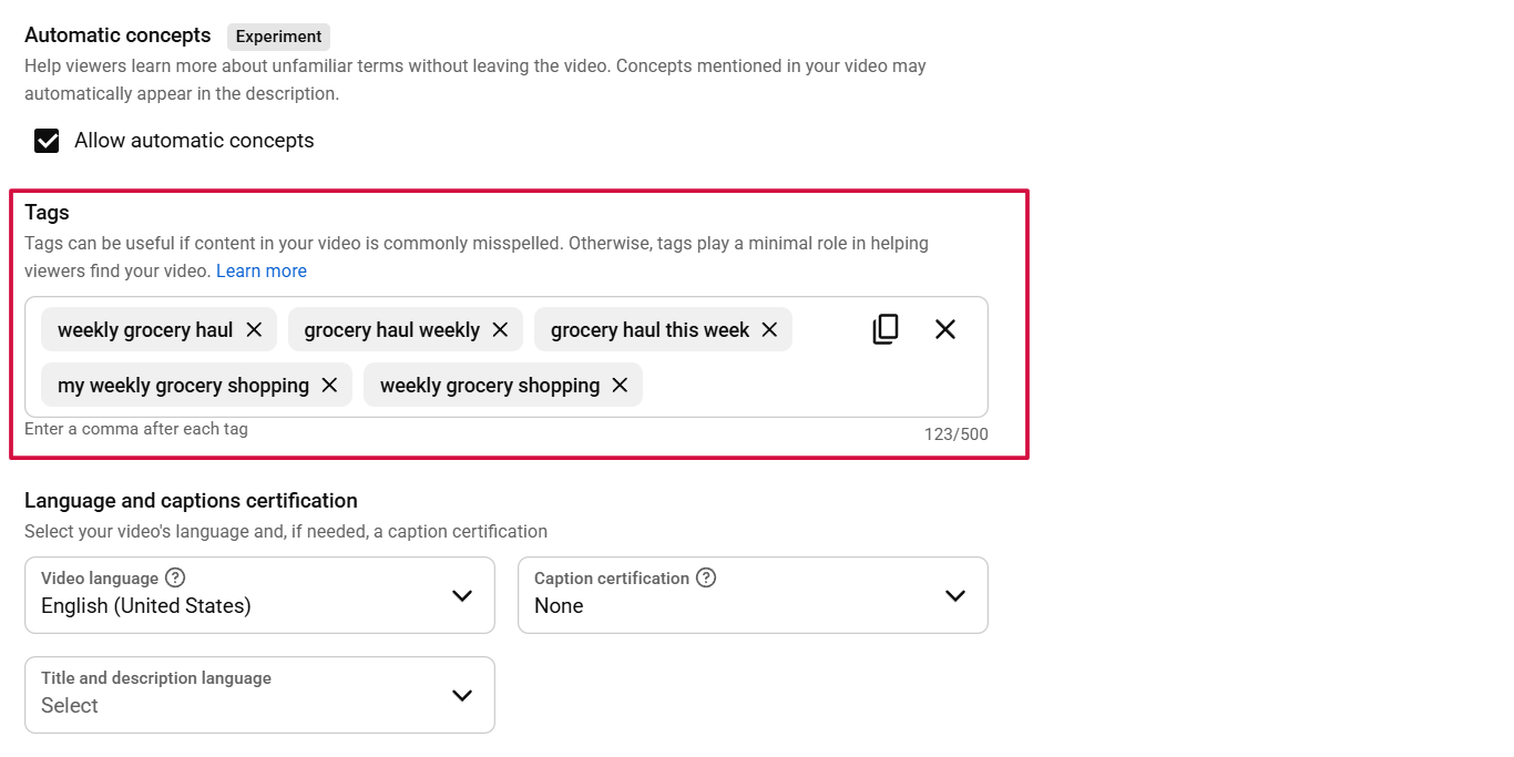 The hidden Tags field in YouTube Studio's More Options panel