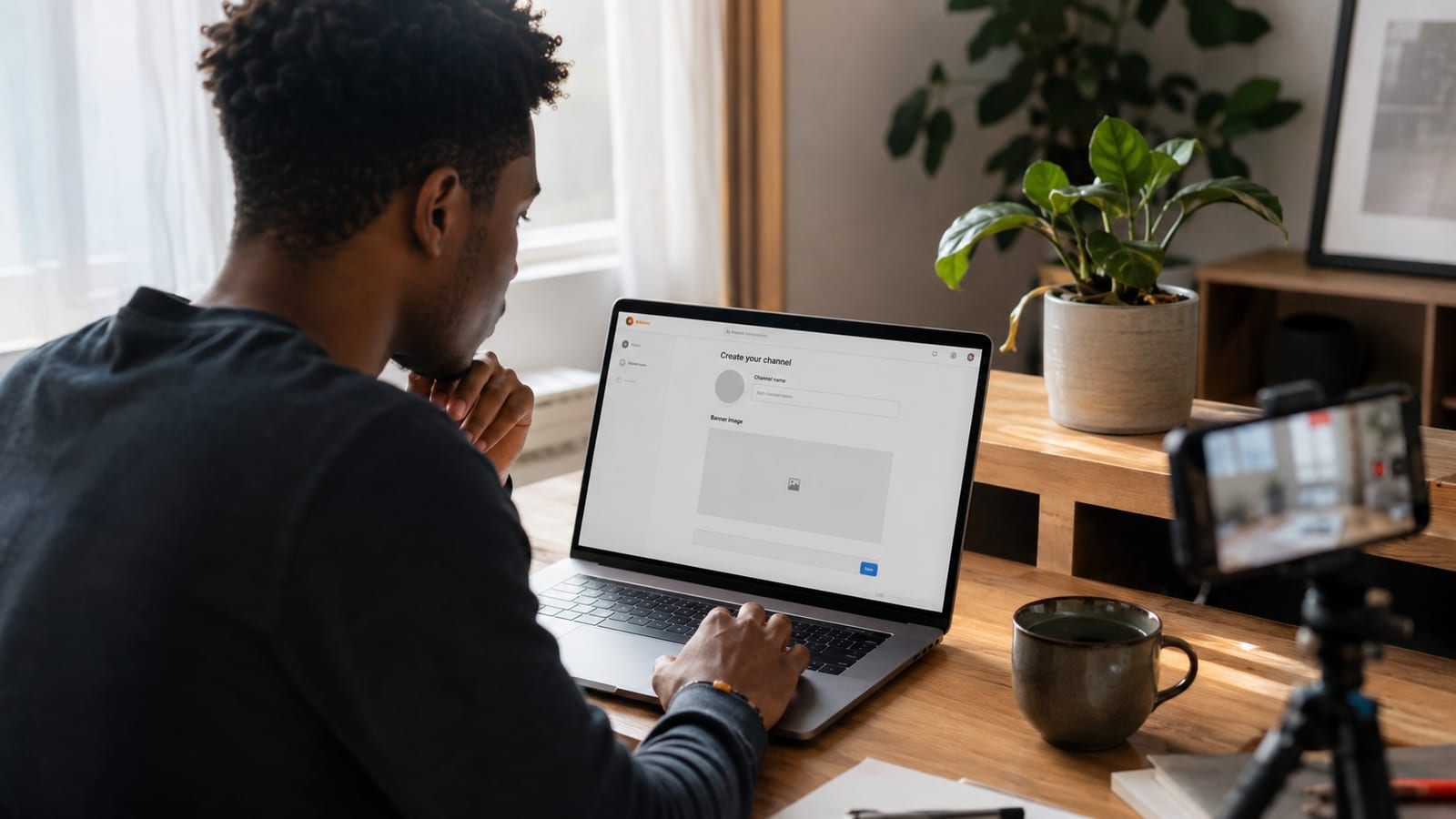 A creator setting up a brand-new YouTube channel on a laptop, profile and banner still blank