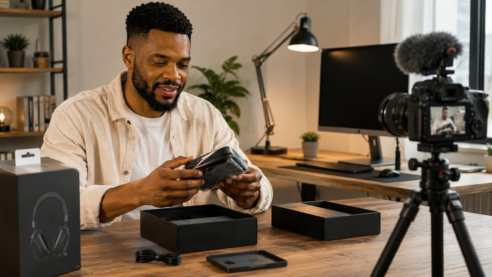 A creator at a desk warmly lit, unboxing a new gadget with the box and packaging still open on the table, a camera and monitor visible in the background