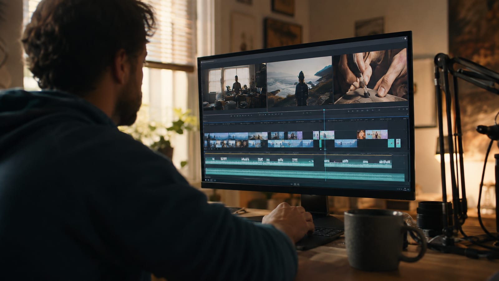 A creator at a home editing desk viewed over the shoulder, a video editing timeline filling the monitor with clips of visibly different lengths laid end to end