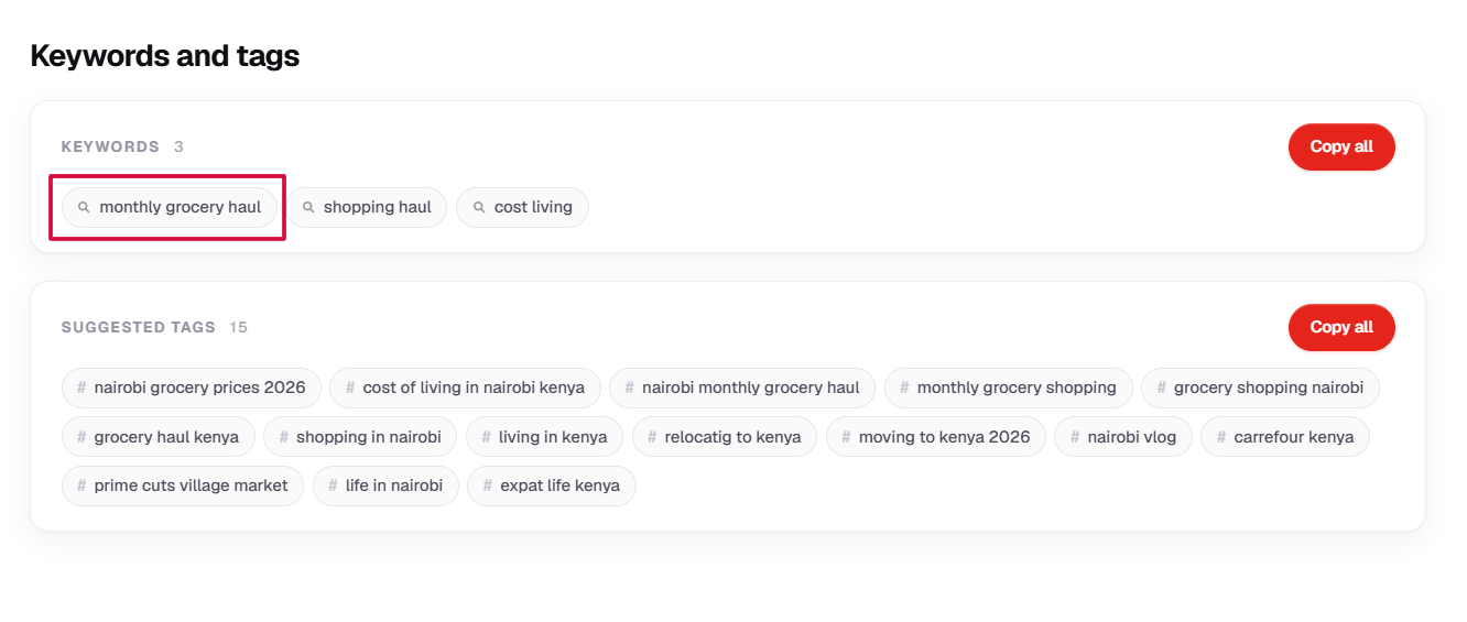 The first tag set to an exact target keyword as a viewer would type it
