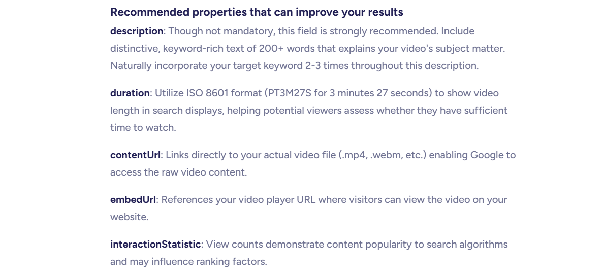 The four mandatory VideoObject Schema fields: name, description, thumbnailUrl, uploadDate