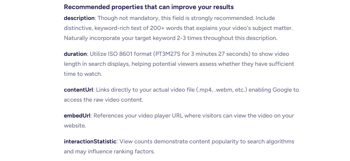 The four mandatory VideoObject Schema fields: name, description, thumbnailUrl, uploadDate