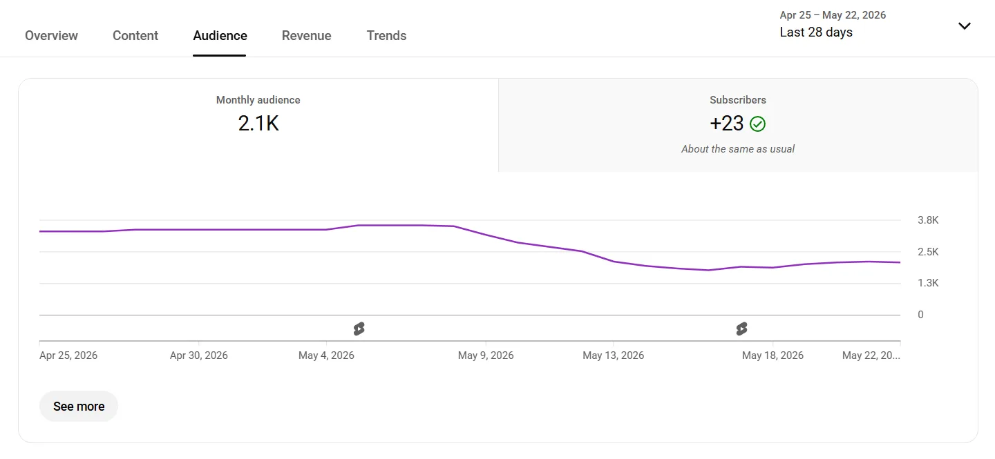 YouTube Studio Audience tab with new vs returning viewers, demographics, geography, and watch-time peaks