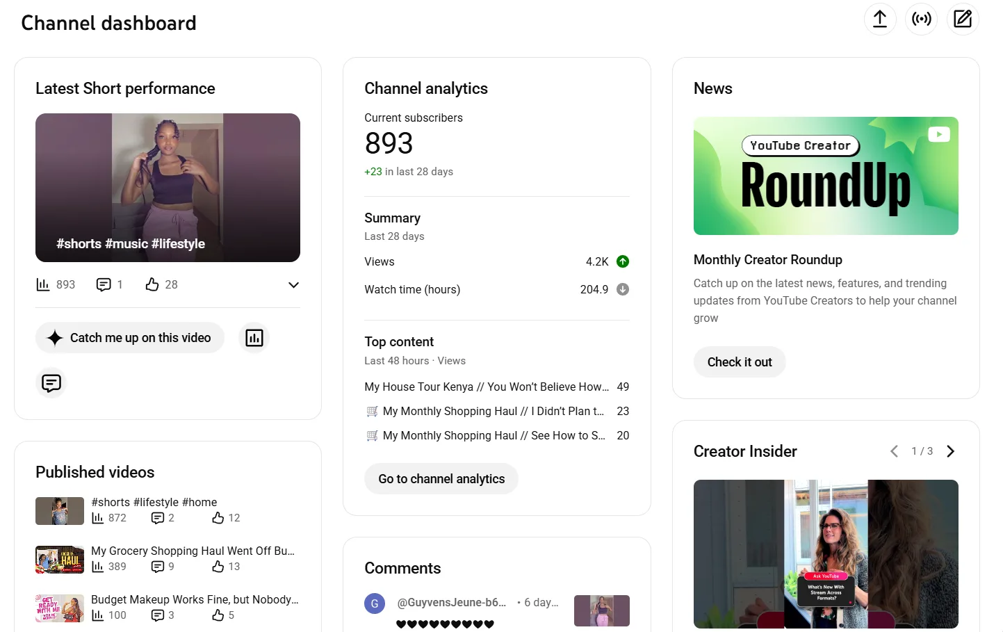 YouTube Studio channel dashboard with overview metrics across views, watch time, subscribers, and revenue