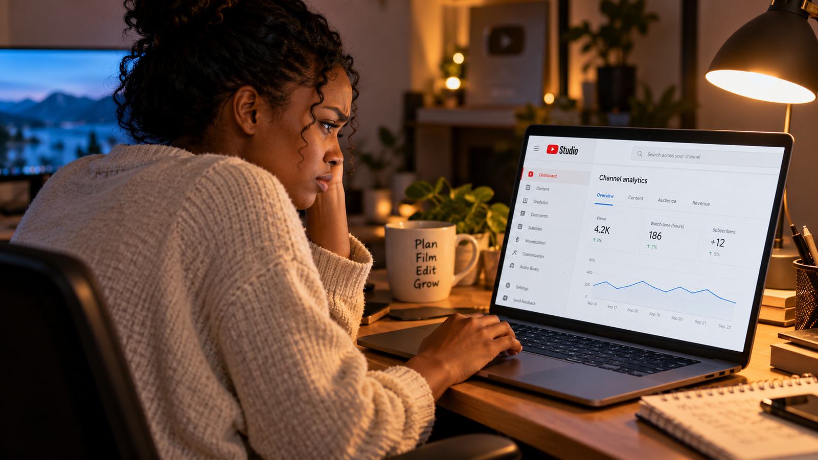 A creator frowning at YouTube Studio channel analytics on a laptop late at night, desk lamp light in a dim room