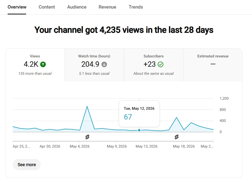 YouTube Studio Overview tab showing total views, watch time, subscribers, estimated revenue, and a performance graph