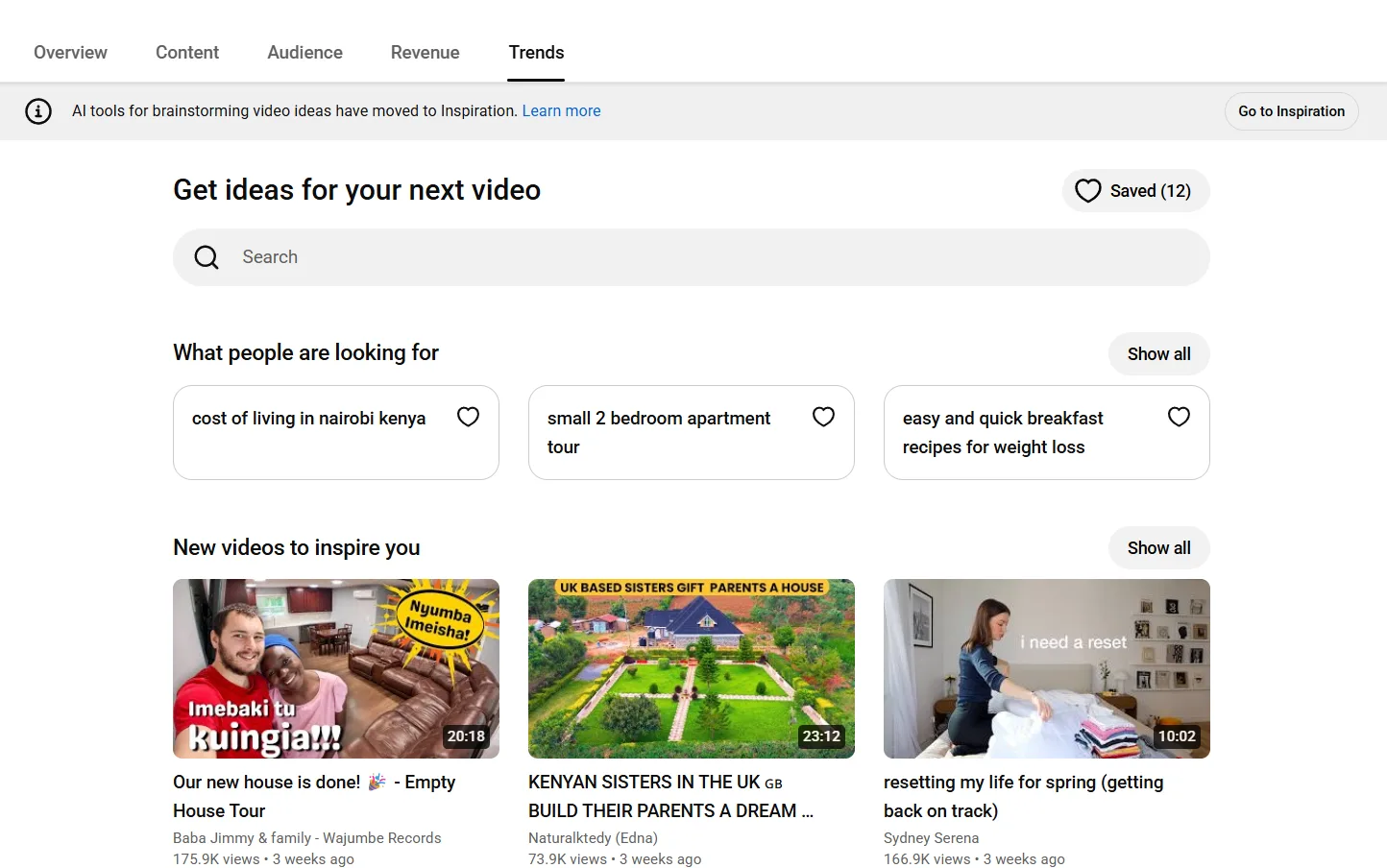 YouTube Studio Trends tab showing top searches from the channel audience, saved search terms, and similar-channel content