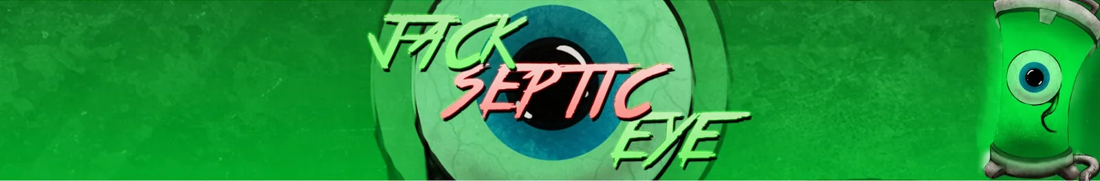 Jacksepticeye's YouTube channel banner: a custom green hand-drawn logotype with an eye icon replacing a letter