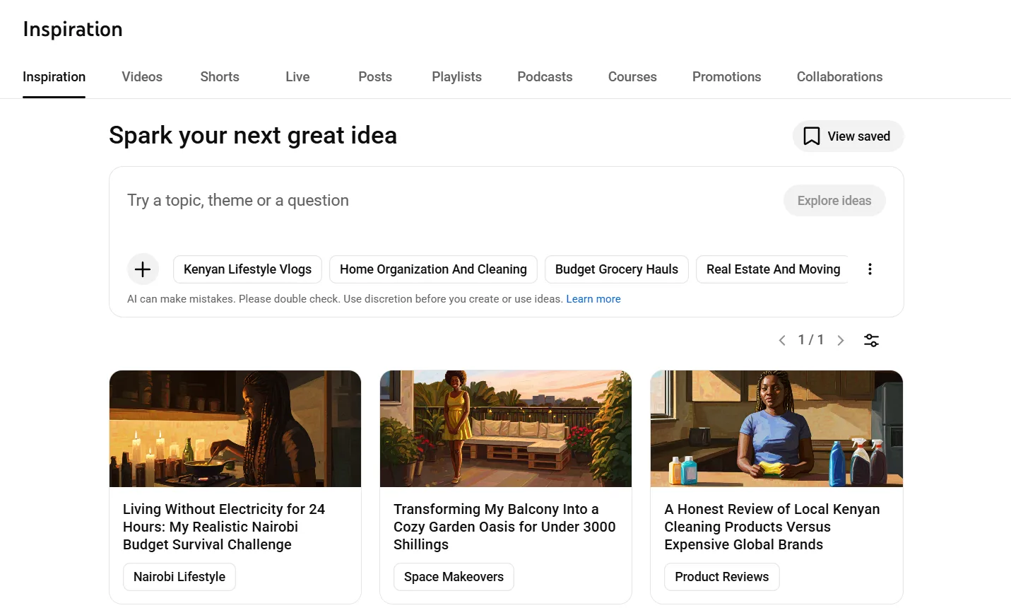 YouTube Studio Inspiration tab surfacing Content Gaps with topics your audience is searching for