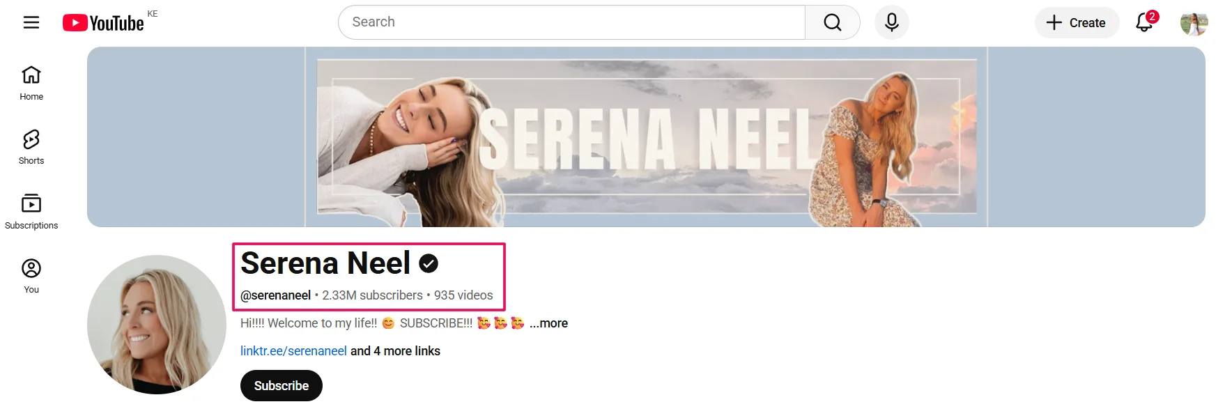 Channel name and handle communicating the niche clearly on the channel page header