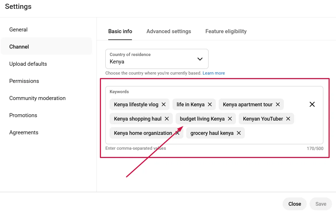 Channel tags inside YouTube Studio Settings, configured as the channel-level SEO brief