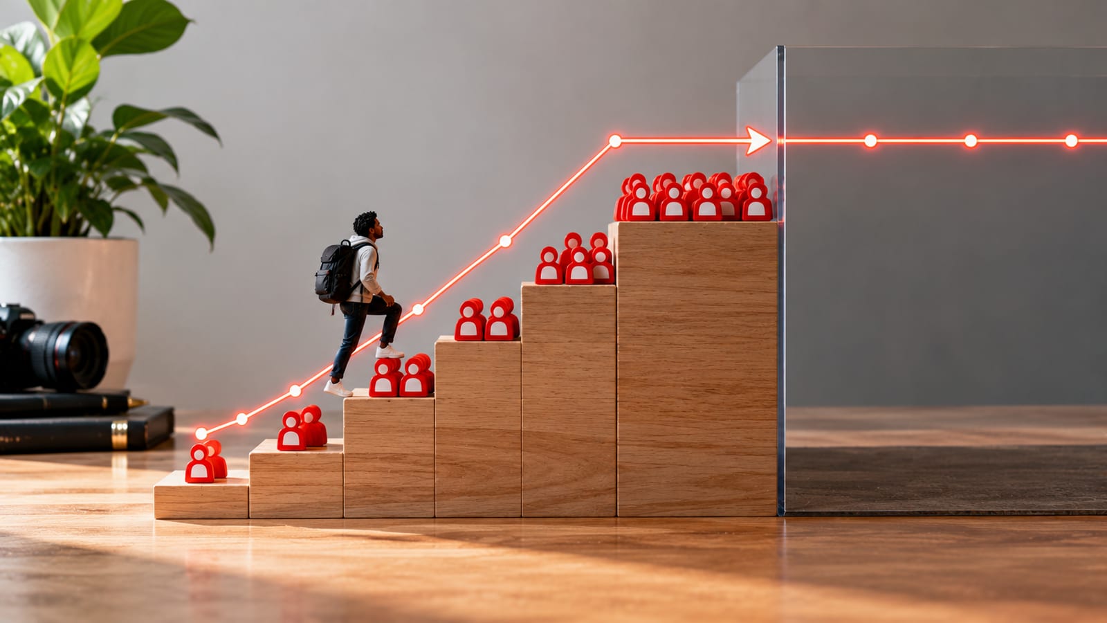 A figure climbing a staircase of wooden blocks topped with red subscriber icons toward a glass barrier, a glowing line chart rising and then flattening