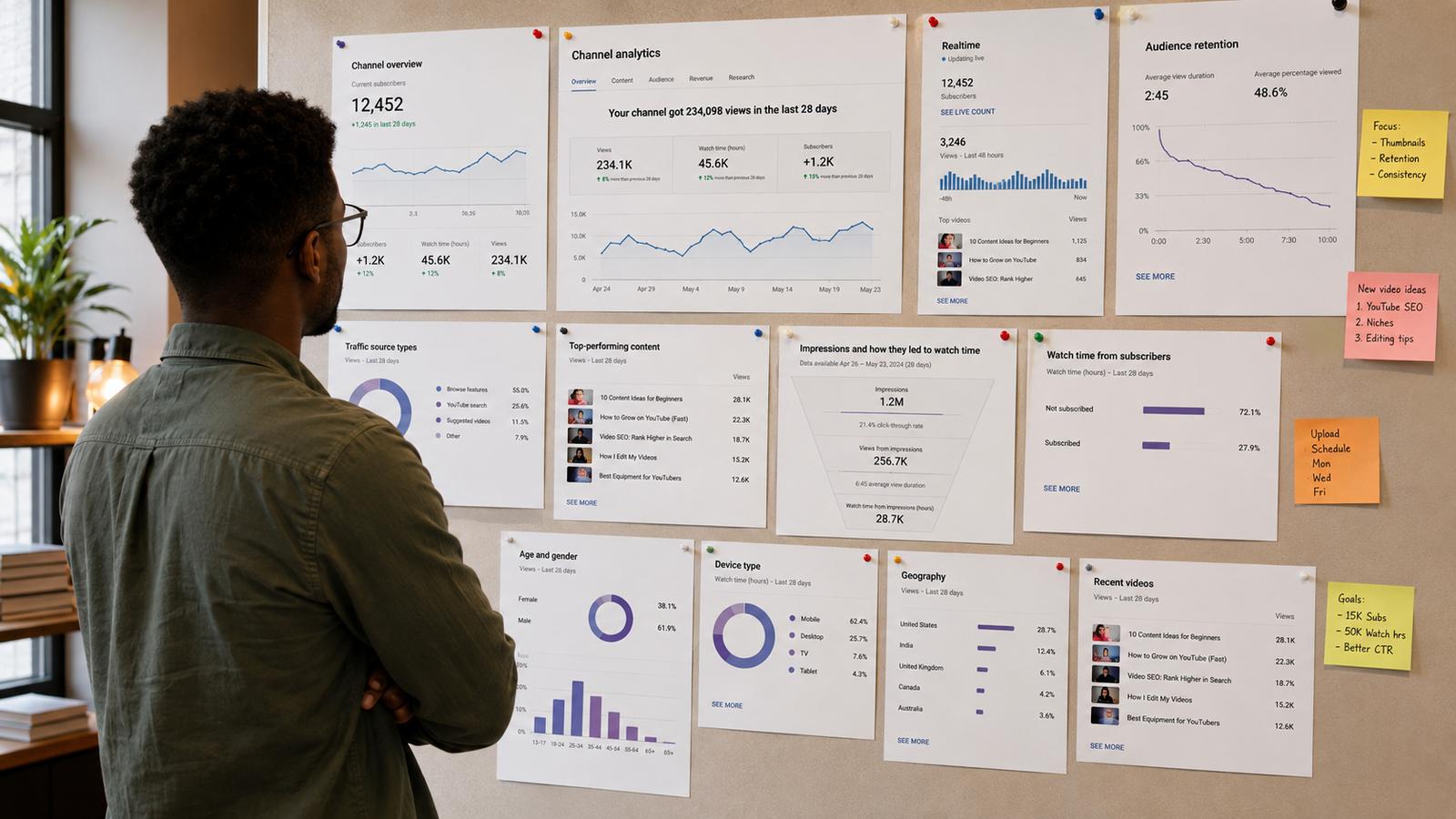 A creator standing before a wall covered in printed pages of channel analytics, charts, tables, and sticky notes pinned up side by side, viewed from behind