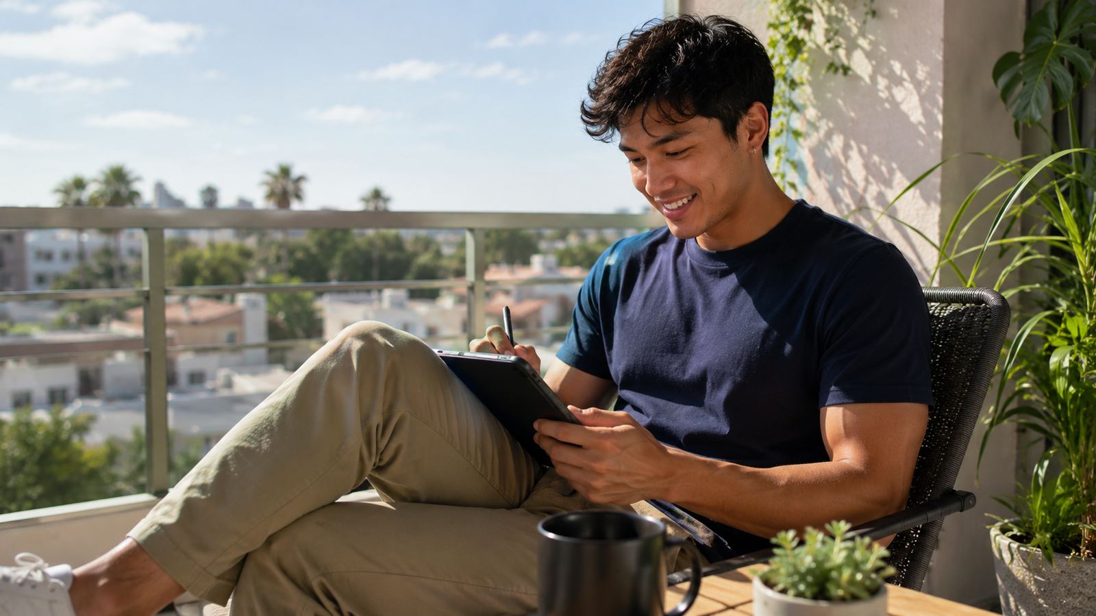 A creator smiling and replying to a comment on a tablet while sitting on a sunny balcony