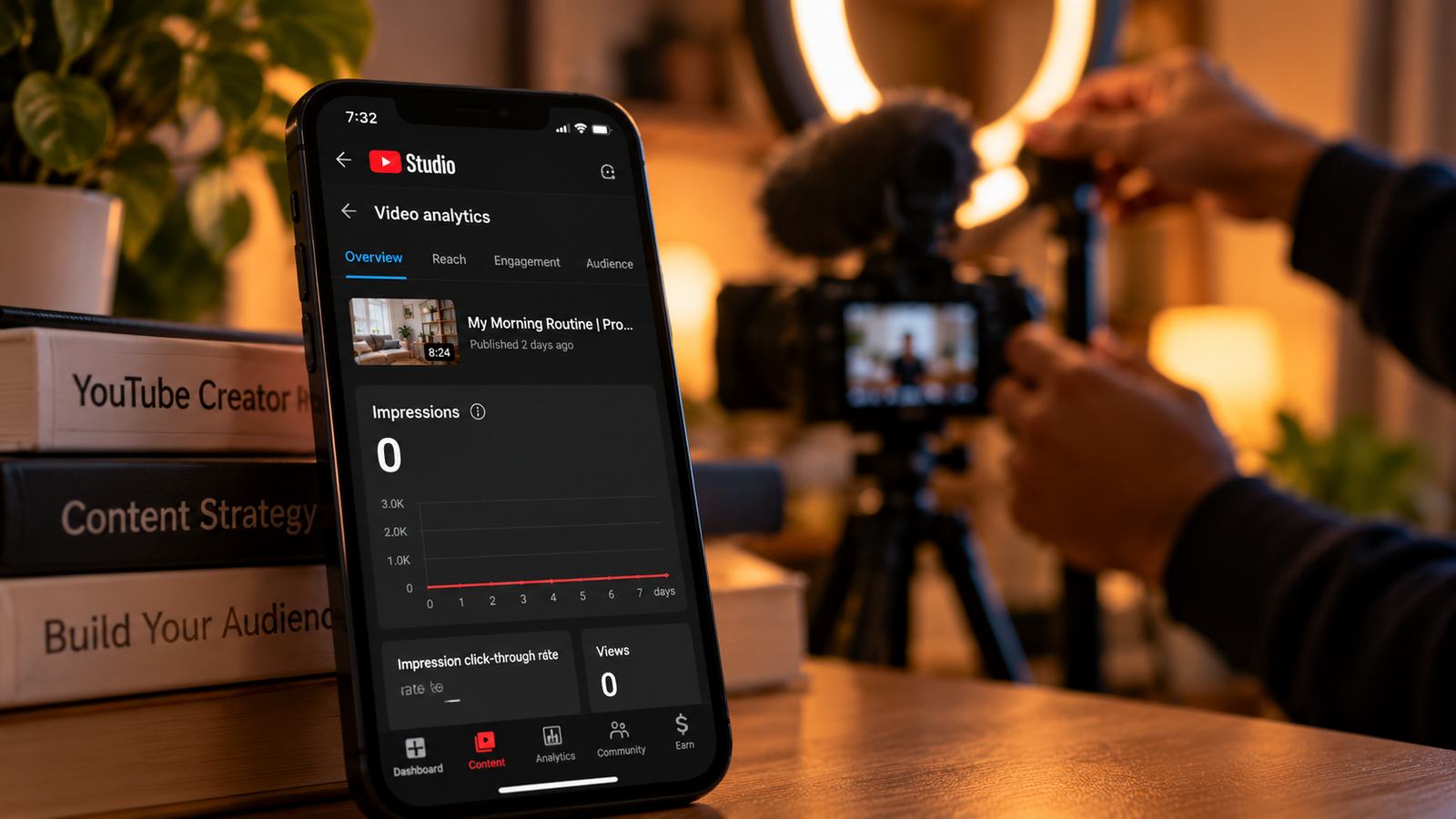 A phone propped on a desk showing a YouTube Studio video analytics screen with impressions at zero, a creator adjusting a camera on a ring-lit tripod blurred in the background