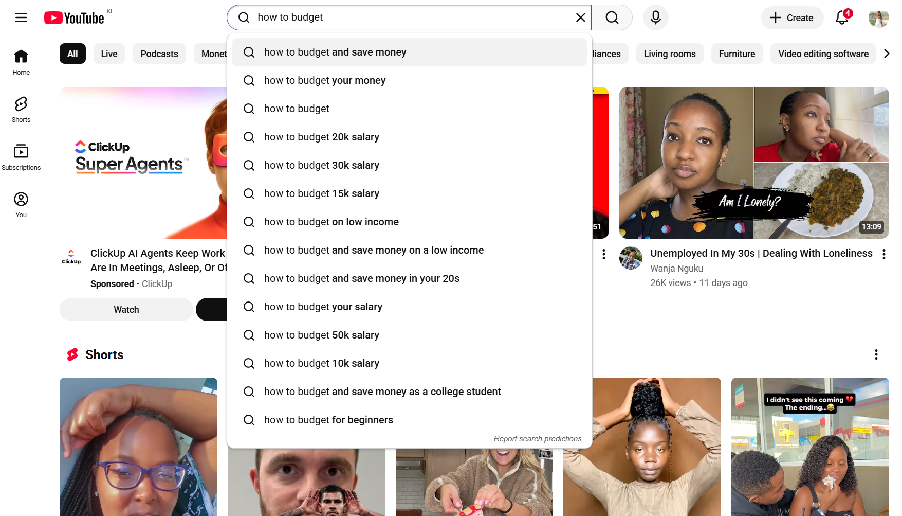 YouTube search bar autocomplete surfacing long-tail variations of a seed keyword based on real viewer searches