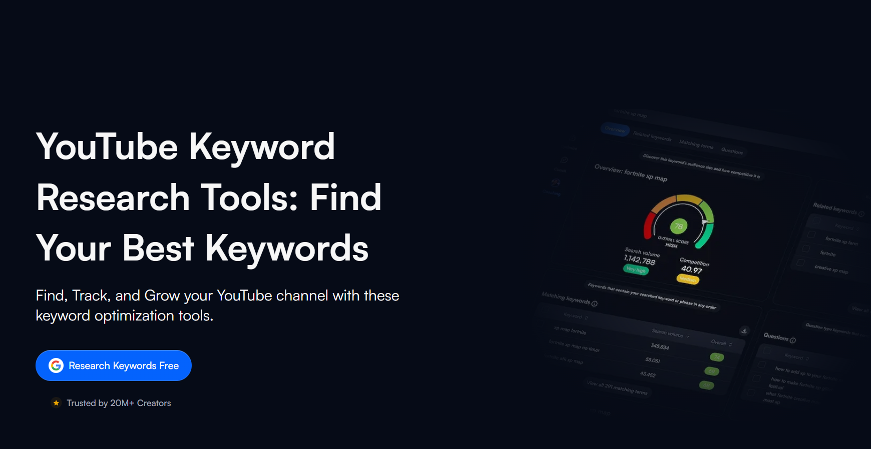 vidIQ keyword research surfacing search volume, competition score, and related keyword clusters for a topic