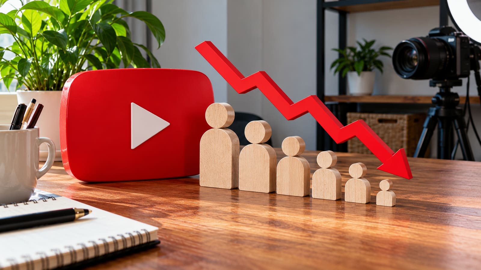 A red YouTube play button on a sunlit desk beside a row of wooden figures shrinking in size, a red downward arrow behind them, camera gear and plants in the background