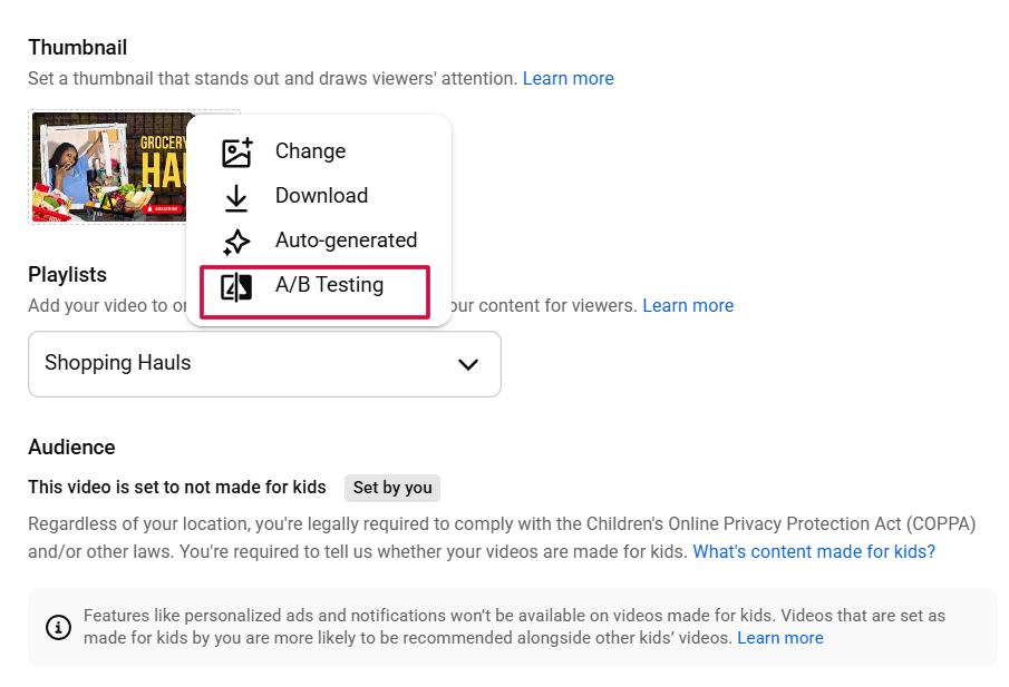 YouTube Studio Test and Compare feature running multiple thumbnail variations