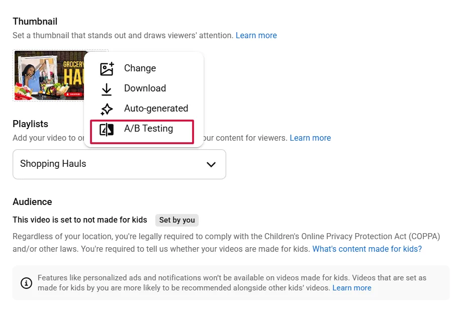 YouTube Studio Test and Compare feature running multiple thumbnail variations