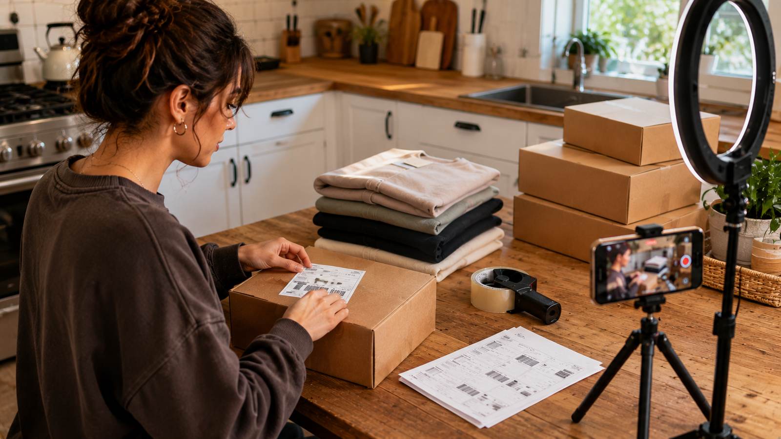A creator at a kitchen table labeling a shipping box of folded merch, phone on a tripod recording the process, a ring light and stacked packages in frame