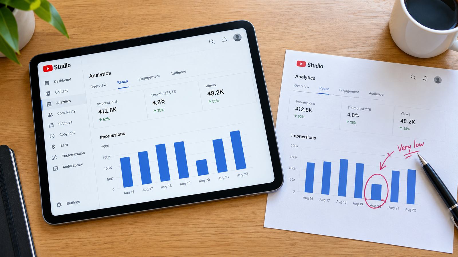 Overhead view of a tablet showing a YouTube Studio impressions chart next to a printed copy with one low bar circled in pen and labeled "Very low"
