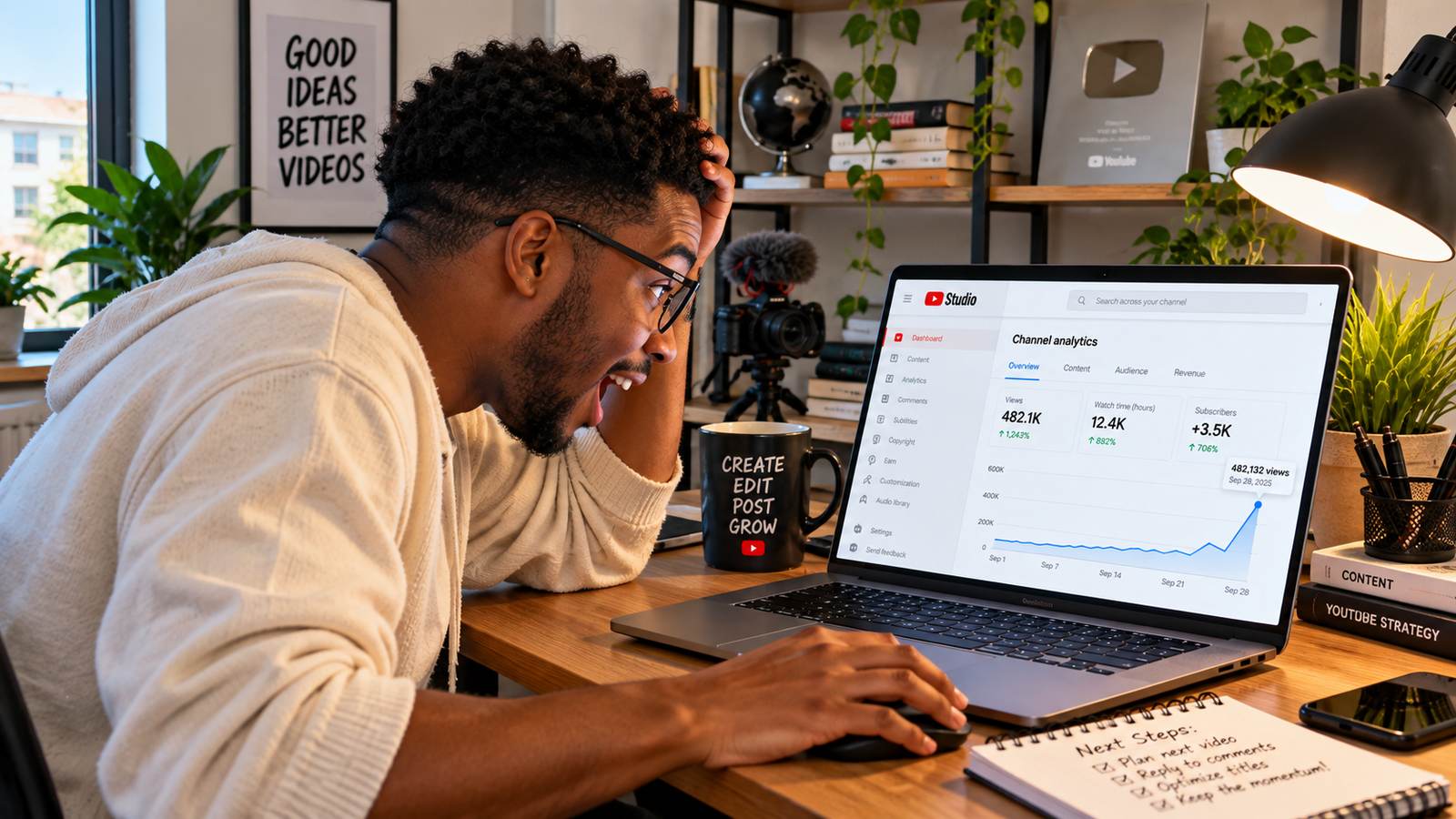 A creator reacting with shock, hand on head, at a sudden view-count spike on a YouTube Studio analytics graph