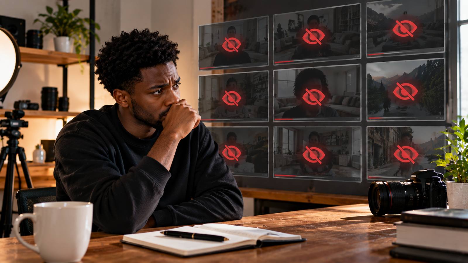 A creator sitting at a desk in a home studio, worried expression, looking at a wall of video thumbnails each marked with a crossed-out eye icon