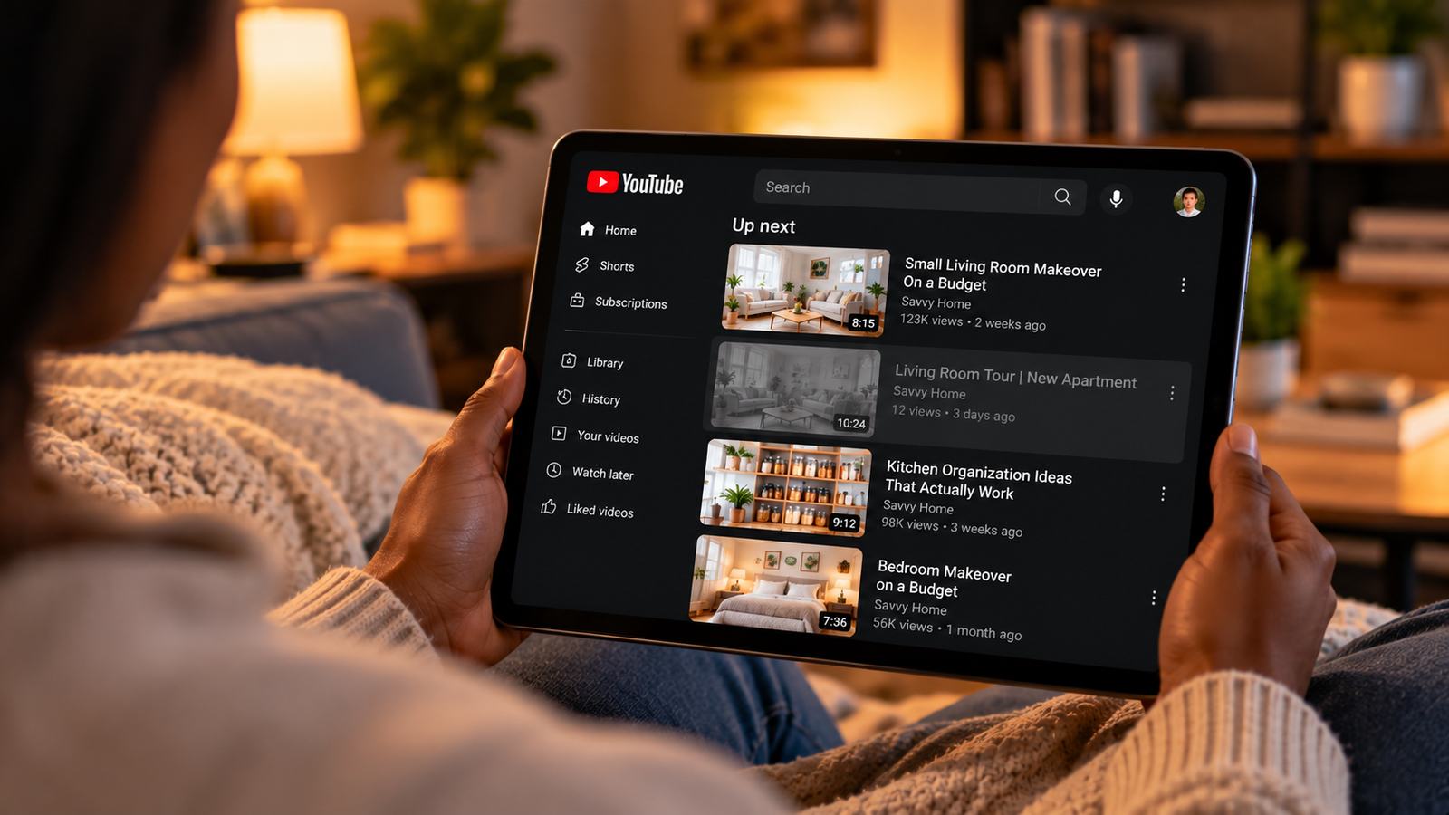 A person on a couch holding a tablet showing the YouTube app's Up Next panel, warm lamp-lit living room in the background