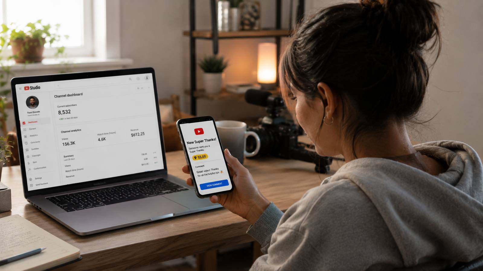 A creator holding a phone showing a new $5 Super Thanks notification and comment, with a laptop open to YouTube Studio channel dashboard on the desk beside her, home studio with camera gear and plants in the background