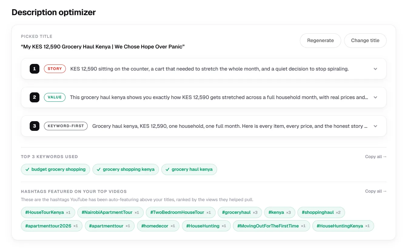 Keyword placement across title, description first lines, and the Tags field