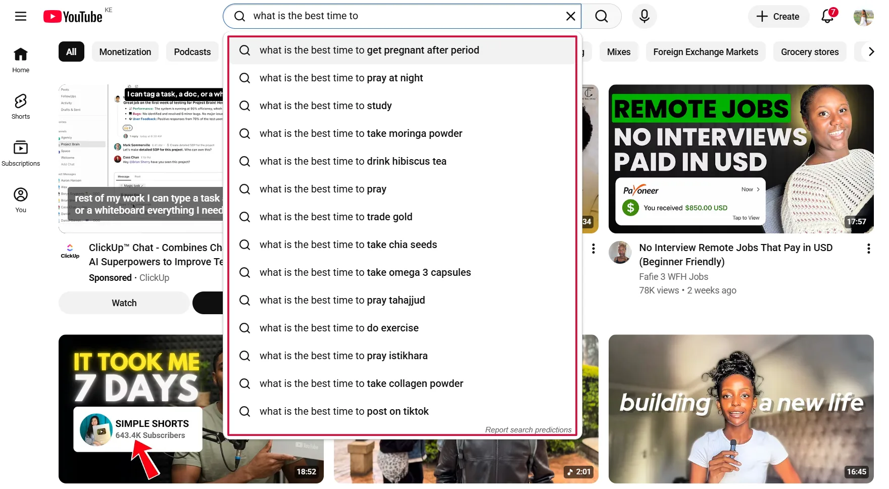 YouTube autocomplete surfacing real search queries ranked by frequency
