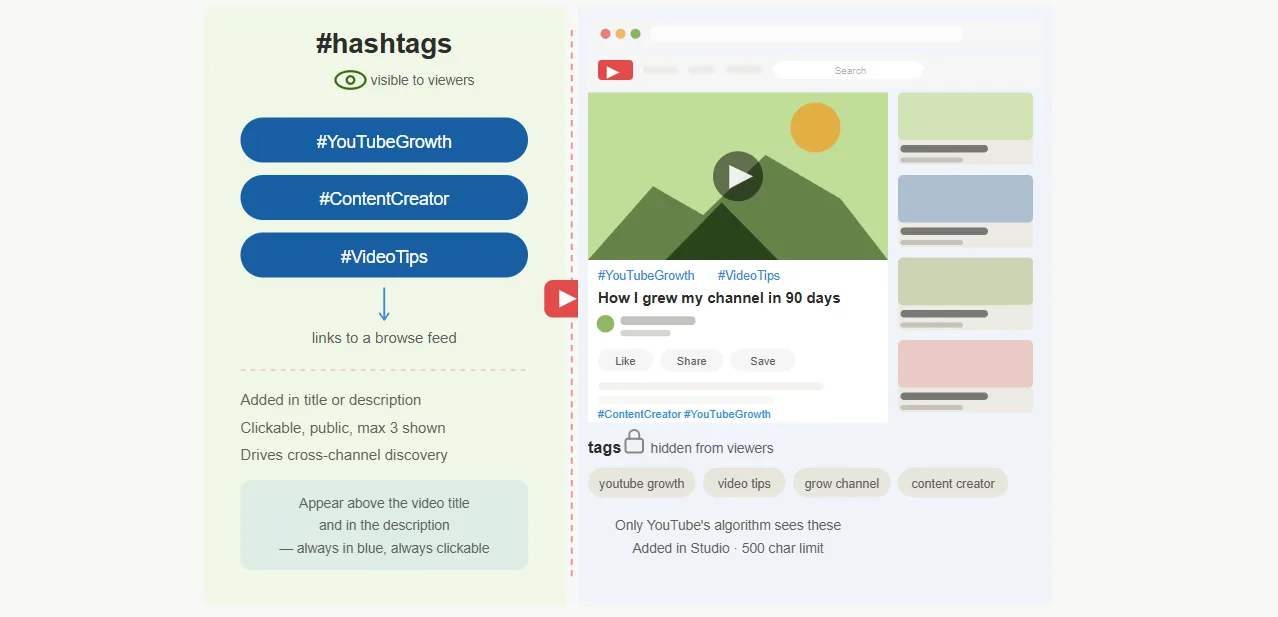 Hashtags driving feed discovery versus metadata tags driving search ranking