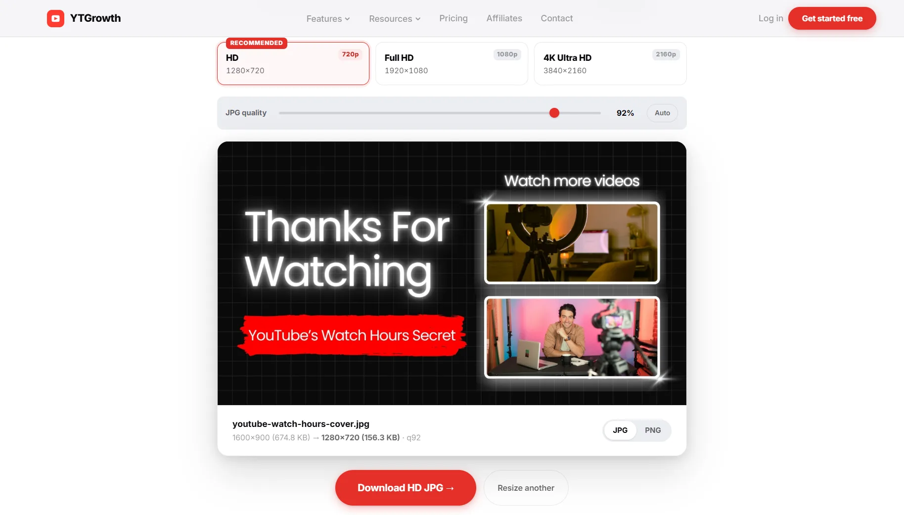 YTGrowth's free Thumbnail Resizer producing pixel-precise 1280 x 720 exports in the browser