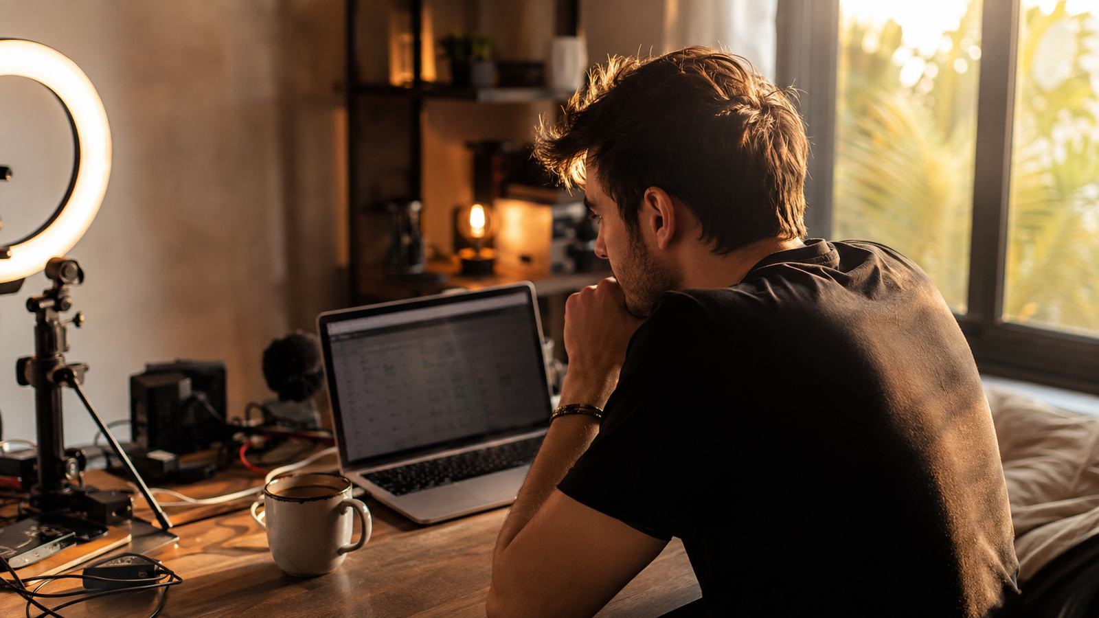A creator leaning in to study data on a laptop at a home studio desk, warm late-afternoon light coming through a window behind them