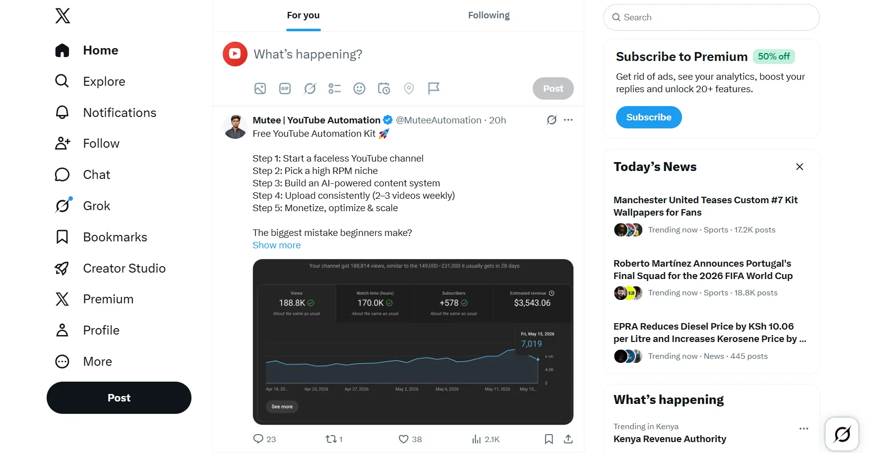 The X trending panel filtered by niche lists for breaking commentary and reaction opportunities