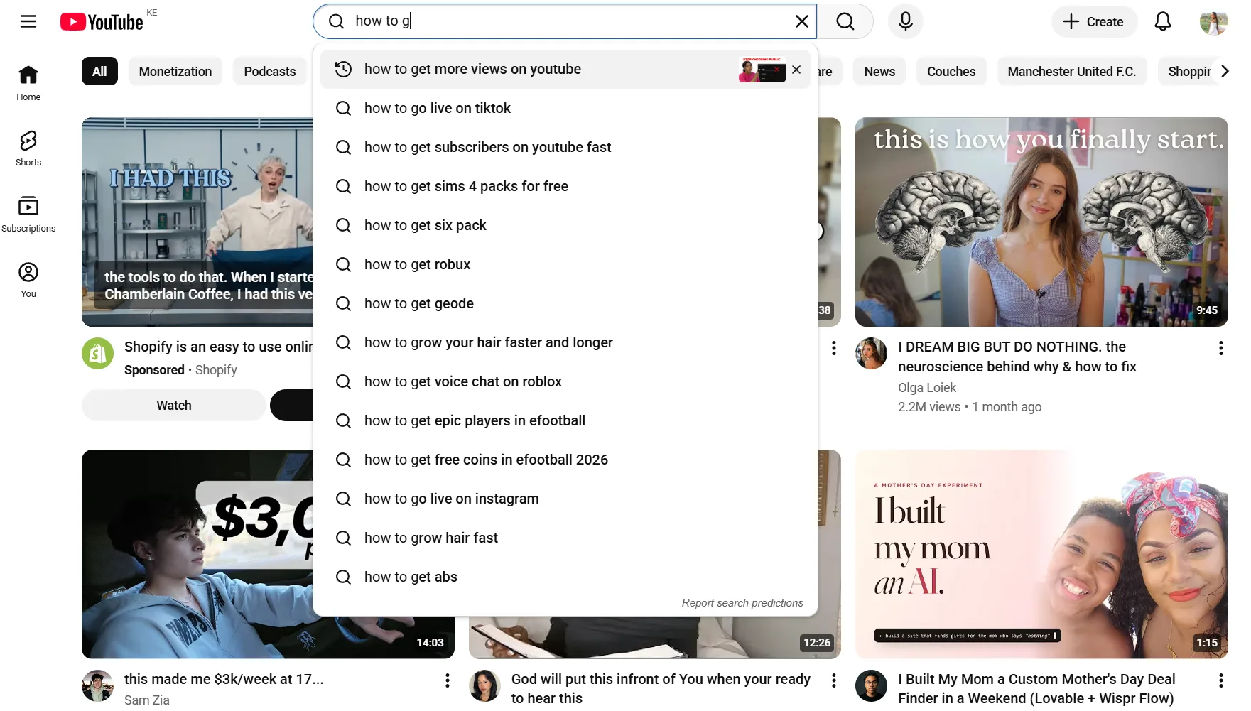 YouTube search autocomplete surfacing rising search phrases using the letter-by-letter method