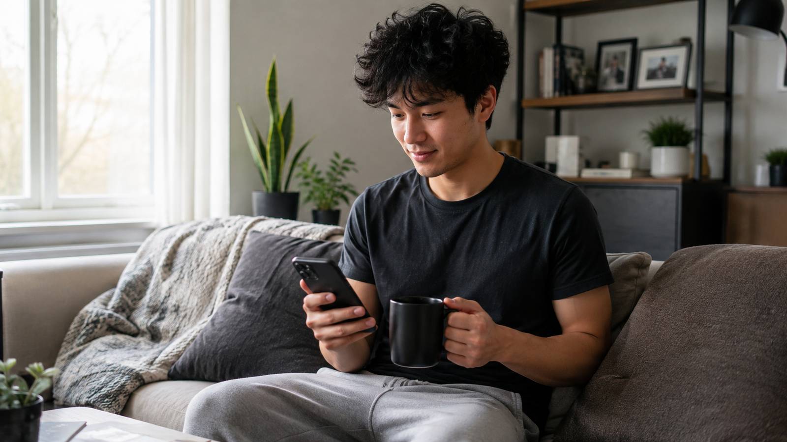 A creator on his couch in the morning, coffee in one hand and phone in the other, checking his video's view count