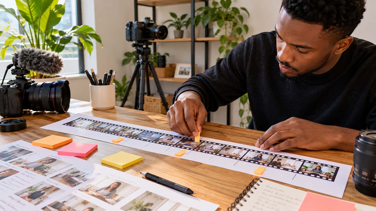 A creator checking their phone with a mix of concern and curiosity, a YouTube Partner Program acceptance notification visible, in a home studio with camera gear nearby