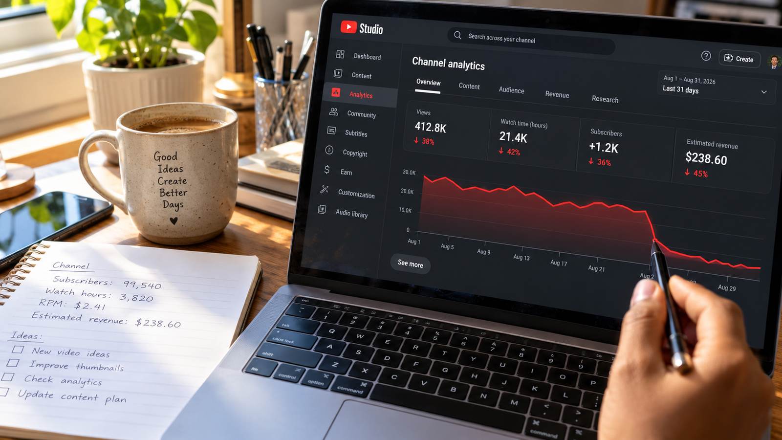 A desk with a laptop showing YouTube Studio analytics with a sharp downward drop in the views chart, a hand pointing a pen at the drop point, a coffee mug and handwritten notebook nearby