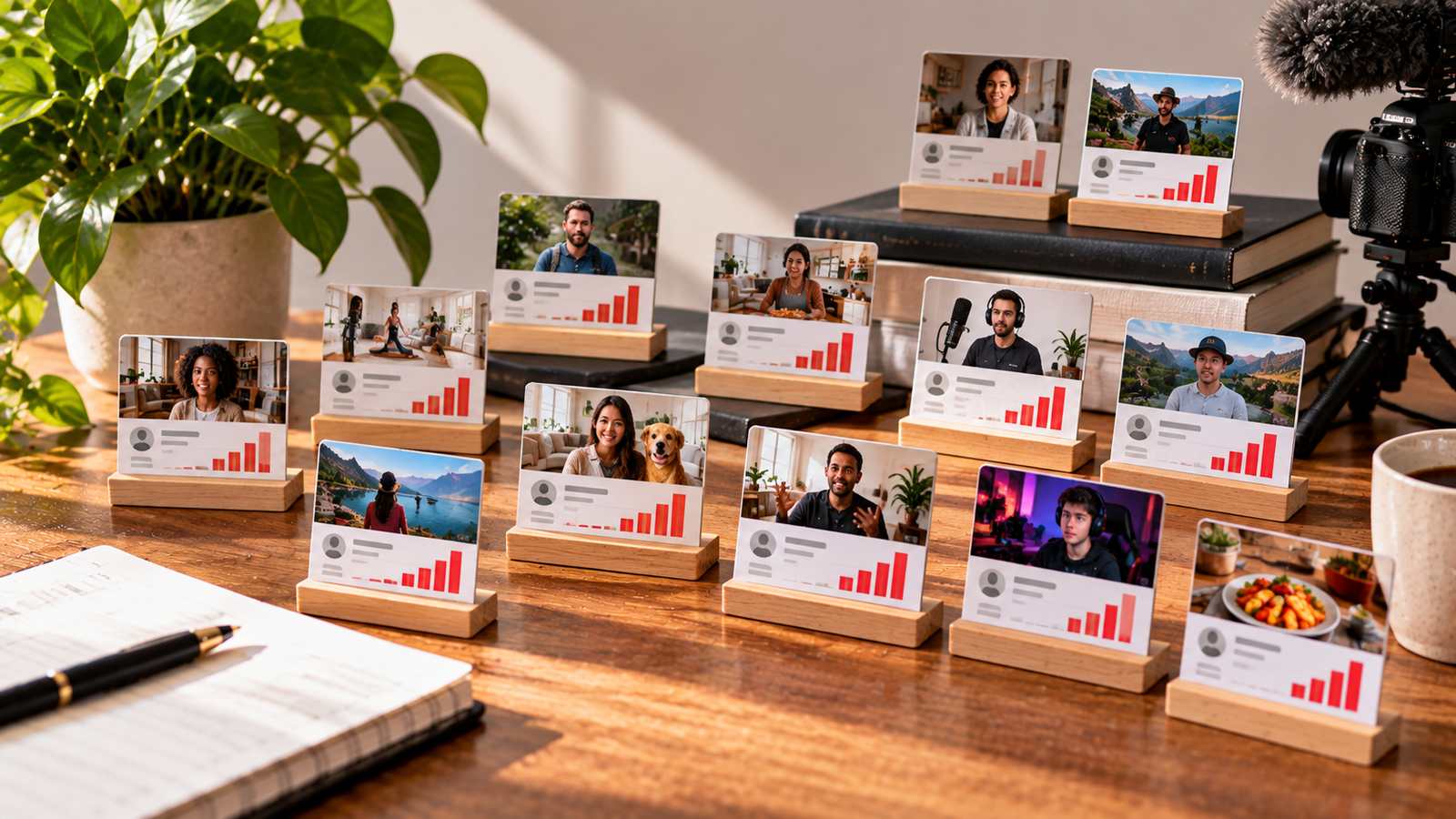 A desk arrangement of printed channel cards, each showing a creator photo and a small bar chart of view counts, grouped on wooden stands next to a notebook and camera gear