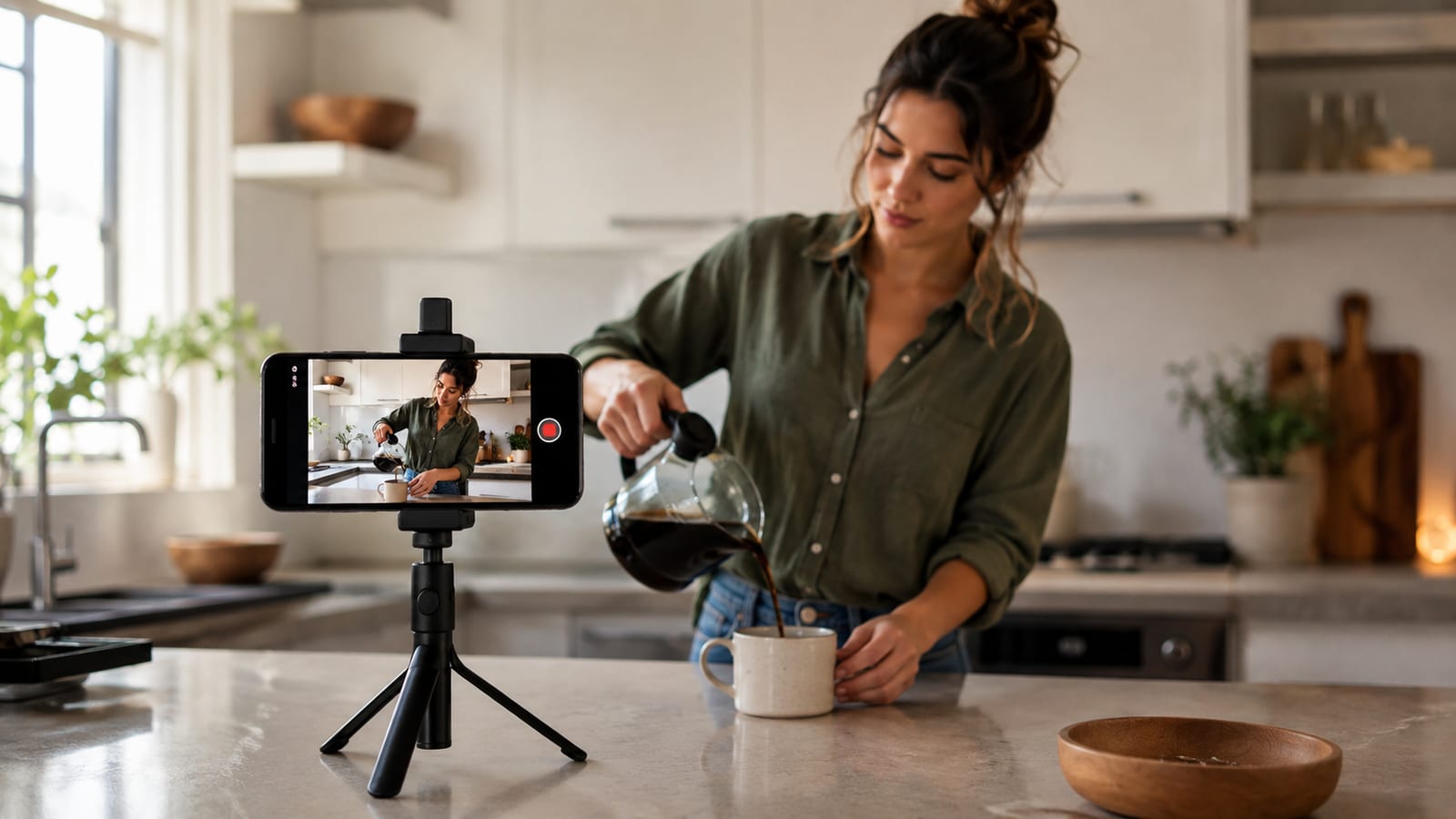 A creator filming a day-in-the-life vlog with a phone propped on a small tripod in a bright kitchen