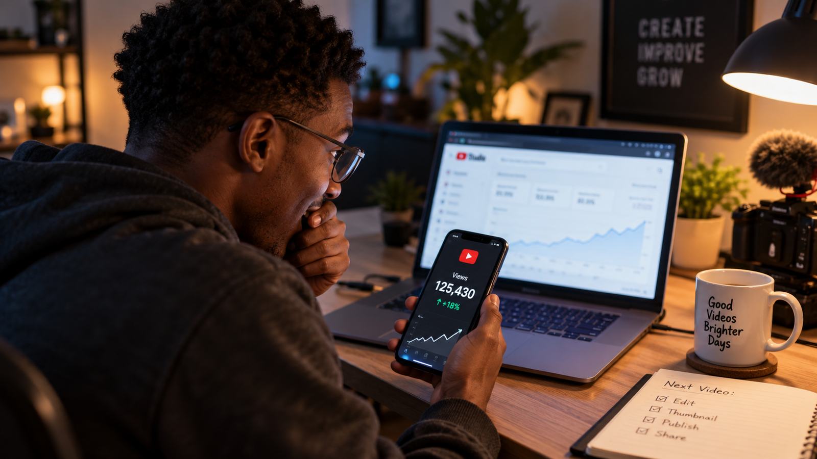 A creator at a desk lamp-lit desk checking a rising view count on his phone, YouTube Studio open on the laptop beside him