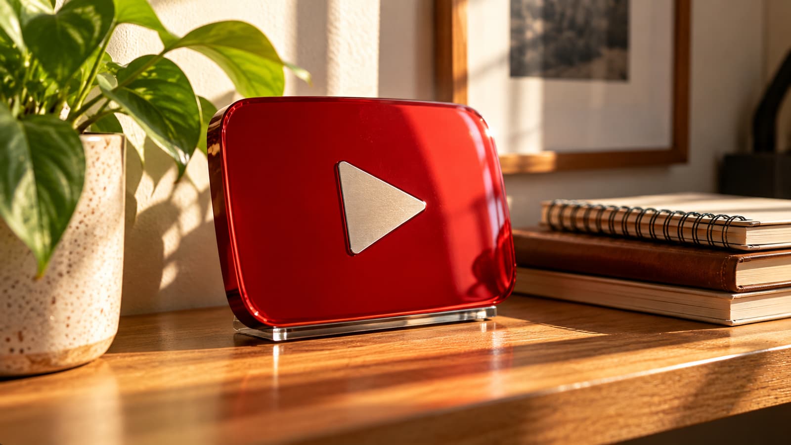 A red YouTube play-button plaque displayed on a sunlit wooden shelf, a potted plant and a stack of notebooks nearby