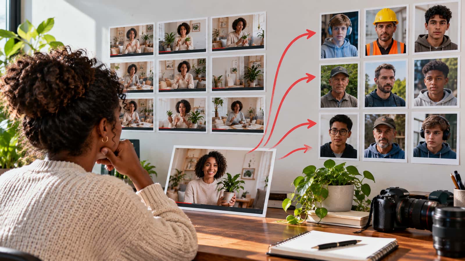 A creator watching her plant-care video get sent toward a wall of unrelated viewer photos (construction workers, hikers, teens), red arrows showing the mismatched distribution, home studio with camera gear nearby